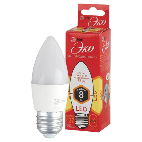 Лампа светодиодная ЭРА, 8(55)Вт, цоколь Е27, свеча, теплый белый, 25000 ч, ECO LED B35-8W-2700-E27, Б0030020 Лампа светодиодная ЭРА, 8(55)Вт, цоколь Е27, свеча, теплый белый, 25000 ч, ECO LED B35-8W-2700-E27, Б0030020