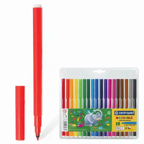 Фломастеры 18 ЦВЕТОВ CENTROPEN Washable, смываемые, вентилируемый колпачок, 7790/18TP, 777901885