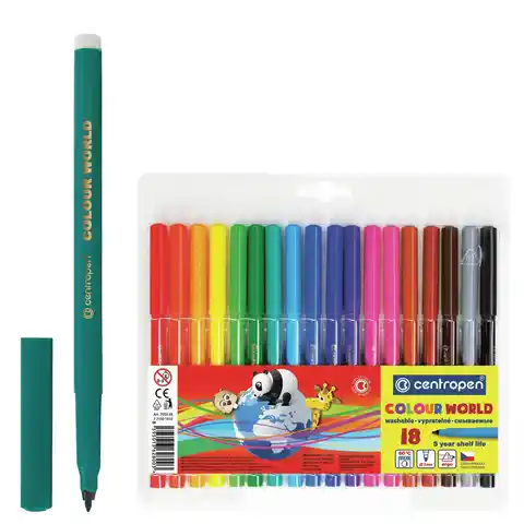 Фломастеры 18 ЦВЕТОВ CENTROPEN Colour World, круглые, смываемые, вентилируемый колпачок, 7550/18TP, 775501884