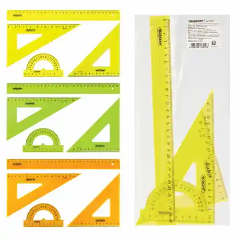 Набор чертежный большой ПИФАГОР линейка 30 см, 2 треугольника, транспортир, прозрачный, неоновый, пакет, 210629