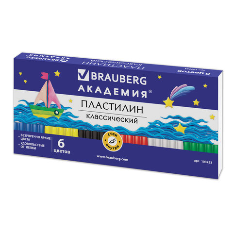 Пластилин классический BRAUBERG АКАДЕМИЯ, 6 цветов, 120 г, со стеком, картонная упаковка, 103253