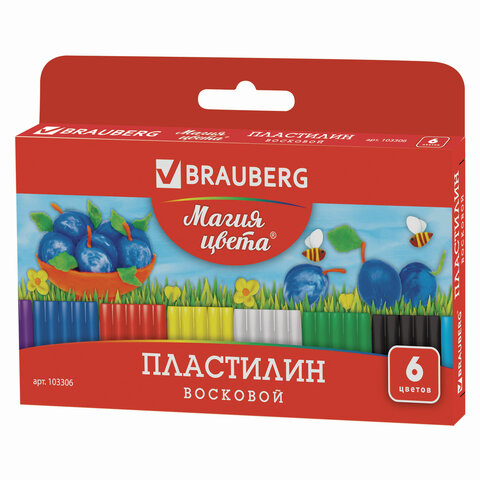 Пластилин восковой BRAUBERG МАГИЯ ЦВЕТА, 6 цветов, 90 г, со стеком, европодвес, 103306