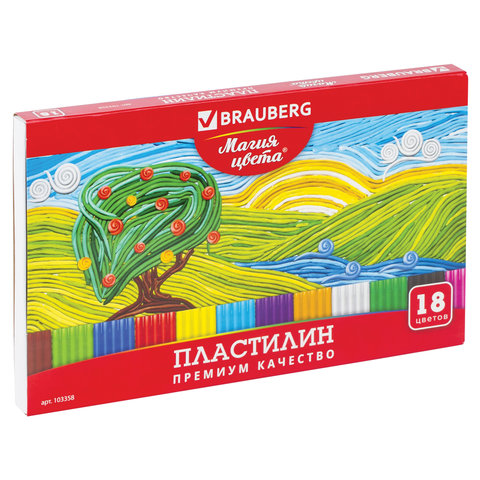 Пластилин классический BRAUBERG МАГИЯ ЦВЕТА, 18 цветов, 360 г, со стеком, высшее качество, картонная упаковка, 103358