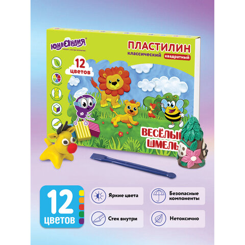Пластилин классический ЮНЛАНДИЯ ВЕСЁЛЫЙ ШМЕЛЬ, 12 цветов, 204 г, СО СТЕКОМ, КВАДРАТНЫЙ, 104823 Пластилин классический ЮНЛАНДИЯ ВЕСЁЛЫЙ ШМЕЛЬ, 12 цветов, 204 г, СО СТЕКОМ, КВАДРАТНЫЙ, 104823