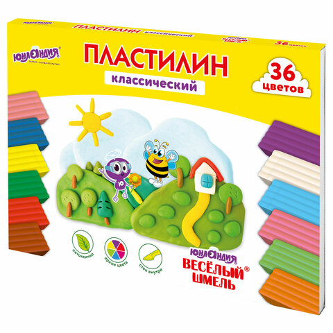 Пластилин классический ЮНЛАНДИЯ ВЕСЁЛЫЙ ШМЕЛЬ, 36 цветов, 720 грамм, СО СТЕКОМ, ВЫСШЕЕ КАЧЕСТВО, 106434