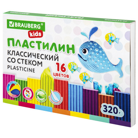 Пластилин классический BRAUBERG KIDS, 16 цветов, 320 г, со стеком, 106508