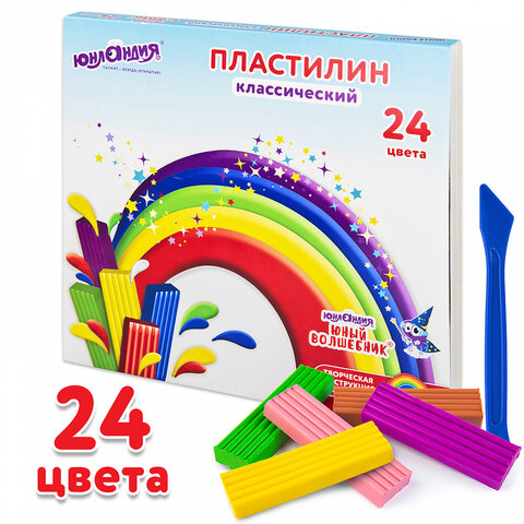 Пластилин классический ЮНЛАНДИЯ ЮНЫЙ ВОЛШЕБНИК, 24 цвета, 480 г, СО СТЕКОМ, 106511