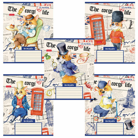 Тетрадь 18 л. HATBER клетка, обложка картон, Корги_LIFE 5 видов в спайке, 18Т5В1