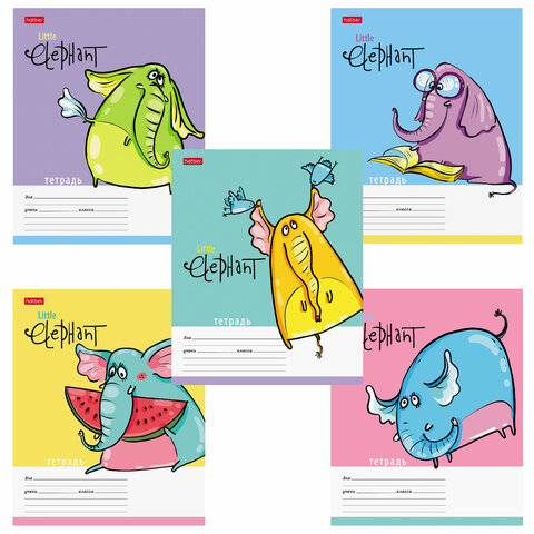 Тетрадь 12 л. HATBER клетка, обложка картон, Little Elephant 5 видов в спайке, 12Т5В1