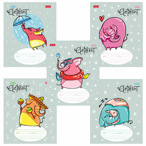 Тетрадь 12 л. HATBER линия, обложка картон, Little Elephant 5 видов в спайке, 12Т5В2