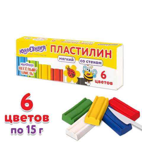 Пластилин мягкий ЮНЛАНДИЯ ВЕСЕЛЫЙ ШМЕЛЬ, 6 цветов, 90 г, СО СТЕКОМ, 106671