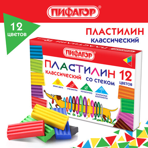 Пластилин классический ПИФАГОР Веселая такса, 12 цветов, 180 г, СО СТЕКОМ, 106675