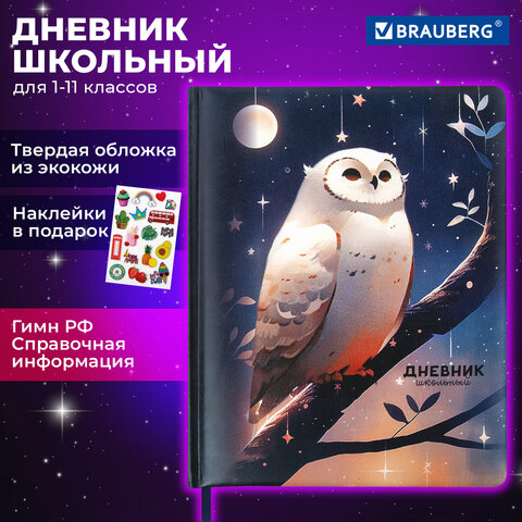Дневник 1-11 класс 48 л., кожзам твердая с поролоном, печать, наклейки, BRAUBERG, Сова, 106947