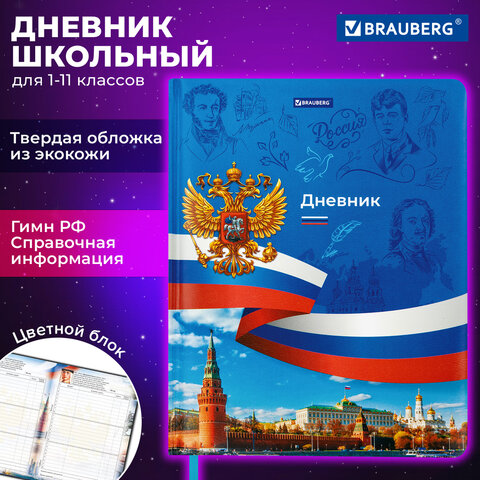 Дневник 1-11 класс 48 л., кожзам твердая с поролоном, печать, цветной блок, BRAUBERG, Россия, 106954