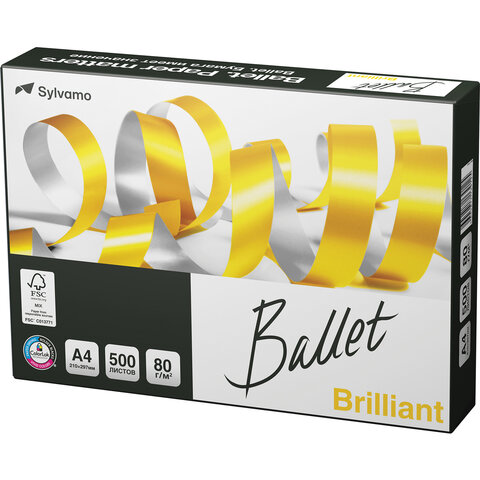 Бумага офисная А4, 80 г/м2, 500 л., марка А, BALLET BRILLIANT, Россия, 165% (CIE)