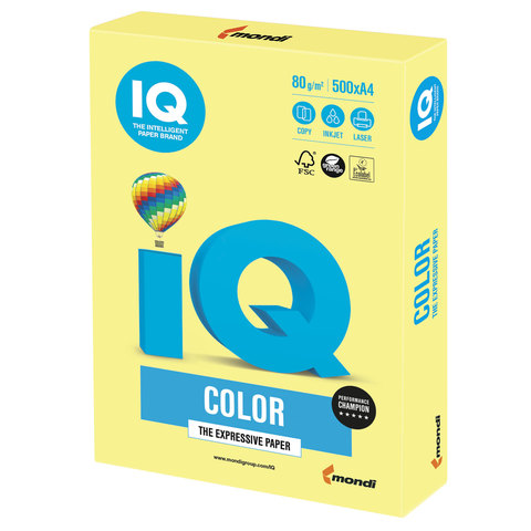 Бумага цветная IQ color, А4, 80 г/м2, 500 л., умеренно-интенсив, лимонно-желтая, ZG34