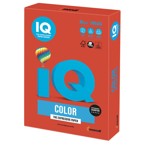 Бумага цветная IQ color БОЛЬШОЙ ФОРМАТ (297х420 мм), А3, 80 г/м2, 500 л., интенсив кораллово-красная, CO44