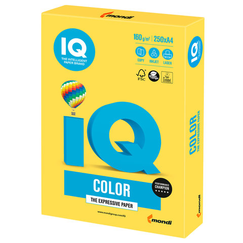 Бумага цветная IQ color, А4, 160 г/м2, 250 л., интенсив, канареечно-желтая, CY39