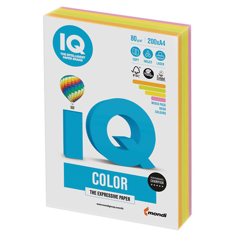Бумага цветная IQ color, А4, 80 г/м2, 200 л., 4 цвета x 50 листов, микс неон, RB04