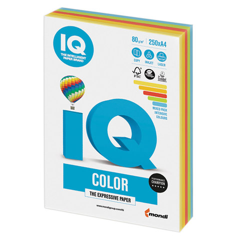 Бумага цветная IQ color, А4, 80 г/м2, 250 л., 5 цветов x 50 листов, микс интенсив, RB02