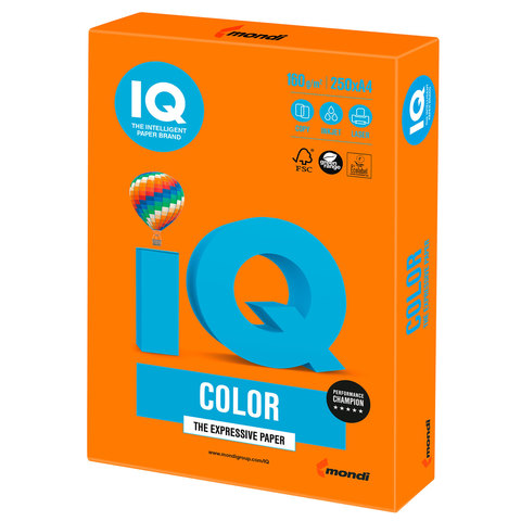 Бумага цветная IQ color, А4, 160 г/м2, 250 л., интенсив, оранжевая, OR43