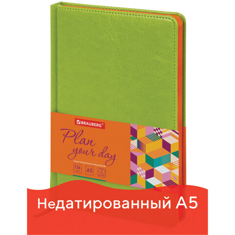 Ежедневник недатированный А5 138х213 мм BRAUBERG Rainbow под кожу, 136 л., зеленый, 111669 Ежедневник недатированный А5 138х213 мм BRAUBERG Rainbow под кожу, 136 л., зеленый, 111669