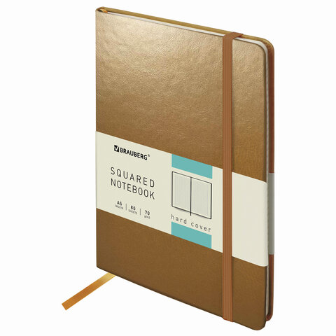 Блокнот А5 148x218 мм, BRAUBERG Metropolis Special, под кожу, 80 л., резинка, клетка, золотистый, 113333