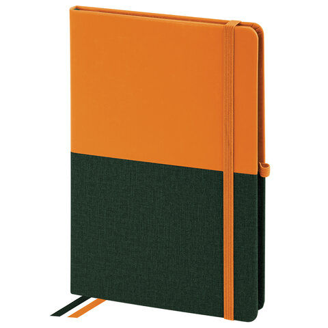 Блокнот А5 148х218 мм, BRAUBERG DUO под кожу с резинкой, 80 л., клетка, оранжевый/зеленый, 113435