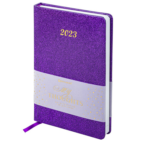 Ежедневник датированный 2023 А5 138x213 мм BRAUBERG Sparkle, под кожу, блестки, фиолетовый, 114112