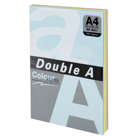 Бумага цветная DOUBLE A, А4, 80 г/м2, 100 л. 5 цветов x 20 листов, микс пастель