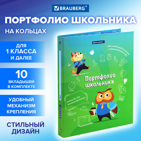 Папка-портфолио школьника ОТЛИЧНИК, 4 кольца, 20 файлов, 10 вкладышей, 7БЦ матовая, BRAUBERG, 115240