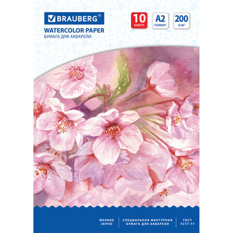 Бумага для акварели БОЛЬШАЯ А2, 10 л., 200 г/м2, 400х590 мм, BRAUBERG, Цветы, 125223