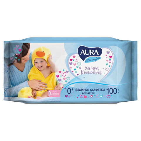 Салфетки влажные КОМПЛЕКТ 100 шт., для детей AURA Ultra comfort, универсальные, очищающие, гипоаллергенные, без спирта, 5637 Салфетки влажные КОМПЛЕКТ 100 шт., для детей AURA Ultra comfort, универсальные, очищающие, гипоаллергенные, без спирта, 5637