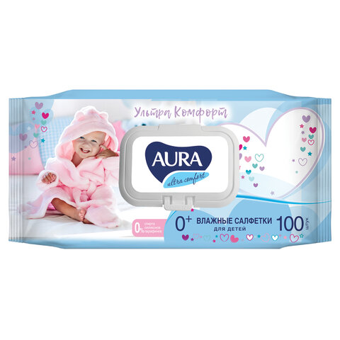Салфетки влажные КОМПЛЕКТ 100 шт., для детей AURA Ultra comfort, гипоаллергенные, без спирта, крышка-клапан, 14588 Салфетки влажные КОМПЛЕКТ 100 шт., для детей AURA Ultra comfort, гипоаллергенные, без спирта, крышка-клапан, 14588