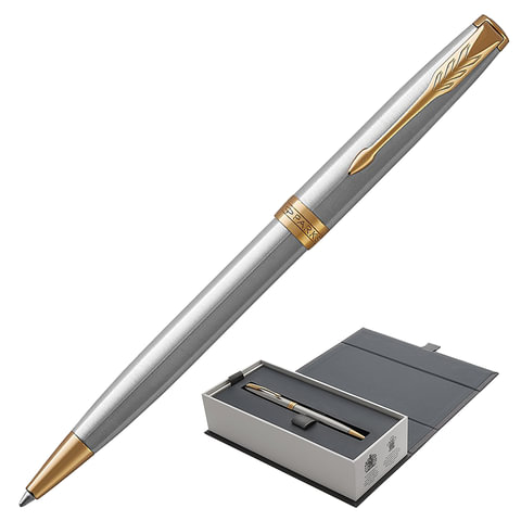 Ручка шариковая PARKER Sonnet Core Stainless Steel GT, корпус серебро, позолота, черная, 1931507