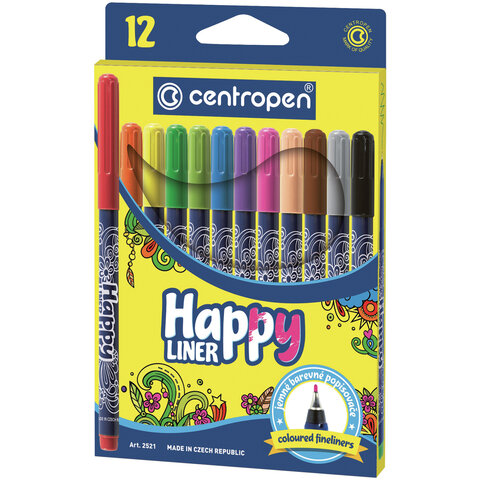 Ручки капиллярные линеры 12 ЦВЕТОВ CENTROPEN Happy Liner, линия письма 0,3 мм, 2521/12, 2 2521 1202