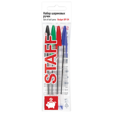Ручки шариковые STAFF Basic Budget BP-04, НАБОР 4 ЦВЕТА, линия письма 0,5 мм, 143872 Ручки шариковые STAFF Basic Budget BP-04, НАБОР 4 ЦВЕТА, линия письма 0,5 мм, 143872
