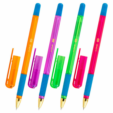 Ручка шариковая с грипом BRAUBERG X-ONE NEON, СИНЯЯ, корпус ассорти, узел 0,5 мм, линия письма 0,35 мм, 143987
