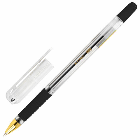 Ручка шариковая с грипом BRAUBERG X-ONE, ЧЕРНАЯ, корпус прозрачный, узел 0,5 мм, линия письма 0,35 мм, 143988