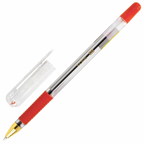 Ручка шариковая с грипом BRAUBERG X-ONE, КРАСНАЯ, корпус прозрачный, узел 0,5 мм, линия письма 0,35 мм, 143989