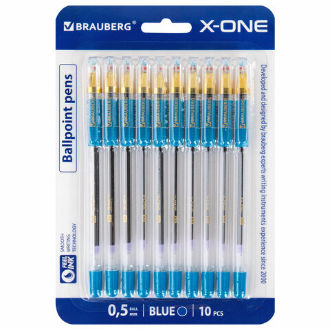 Ручки шариковые с грипом BRAUBERG X-ONE, НАБОР 10 ШТУК, СИНИЕ, корпус прозрачный, узел 0,5 мм, линия письма 0,35 мм, 143990