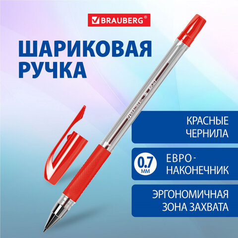 Ручка шариковая BRAUBERG BP-GT, КРАСНАЯ, корпус прозрачный, евронаконечник 0,7 мм, линия письма 0,35 мм, 144007