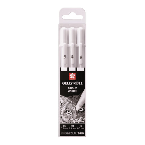 Ручки гелевые БЕЛЫЕ SAKURA Япония Gelly Roll, НАБОР 3 штуки, узел 0,5/0,8/1 мм, POXPGBWH3C