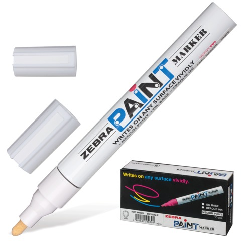 Маркер-краска перманентный нестираемый ZEBRA Paint,2 мм, БЕЛЫЙ, круглый наконечник, MOP-200M-W