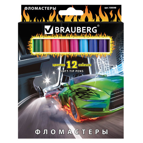 Фломастеры BRAUBERG InstaRacing, 12 цветов, вентилируемый колпачок, карт. упаковка, выборочный лак, увел. срок службы, 150548