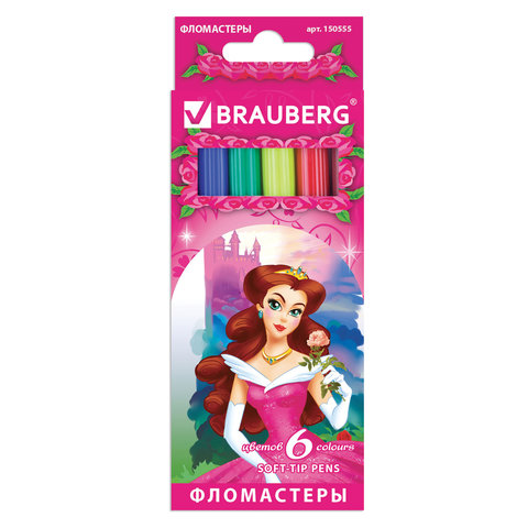 Фломастеры BRAUBERG Rose Angel, 6 цветов, вентилируемый колпачок, картонная упаковка, увеличенный срок службы, 150555