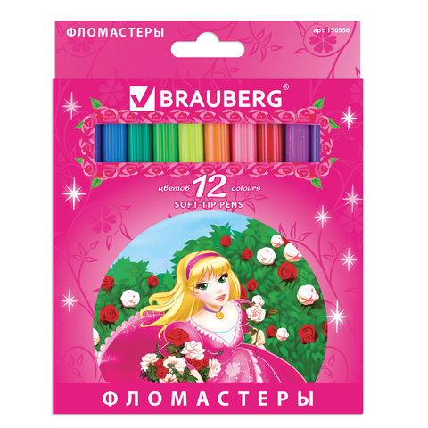 Фломастеры BRAUBERG Rose Angel, 12 цветов, вентилируемый колпачок, картонная упаковка, увеличенный срок службы, 150556