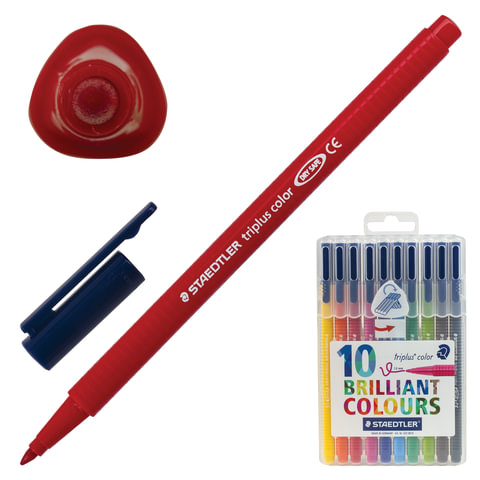 Фломастеры STAEDTLER Германия Triplus, 10 цветов, трехгранные, пластиковый футляр, 323 SB10