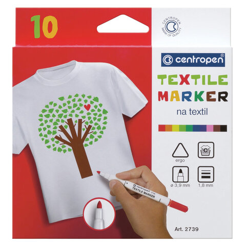 Маркеры для ткани 10 ЦВЕТОВ CENTROPEN Textile Marker, круглый наконечник, 1,8 мм, 2739/10, 5 2739 1001