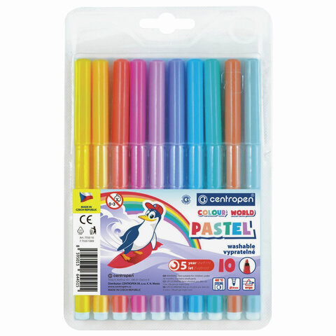 Фломастеры ПАСТЕЛЬНЫЕ 10 ЦВЕТОВ CENTROPEN Colour World Pastel, смываемые, 7550/10TP, 7 7550 1087